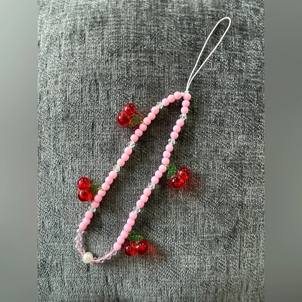 Pink Beaded Cherry Phone strap -
